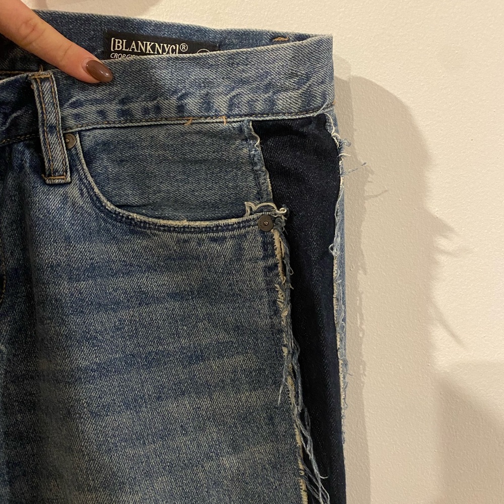 Blank NYC blue Girlfriend Crop jeans with fringe down legs